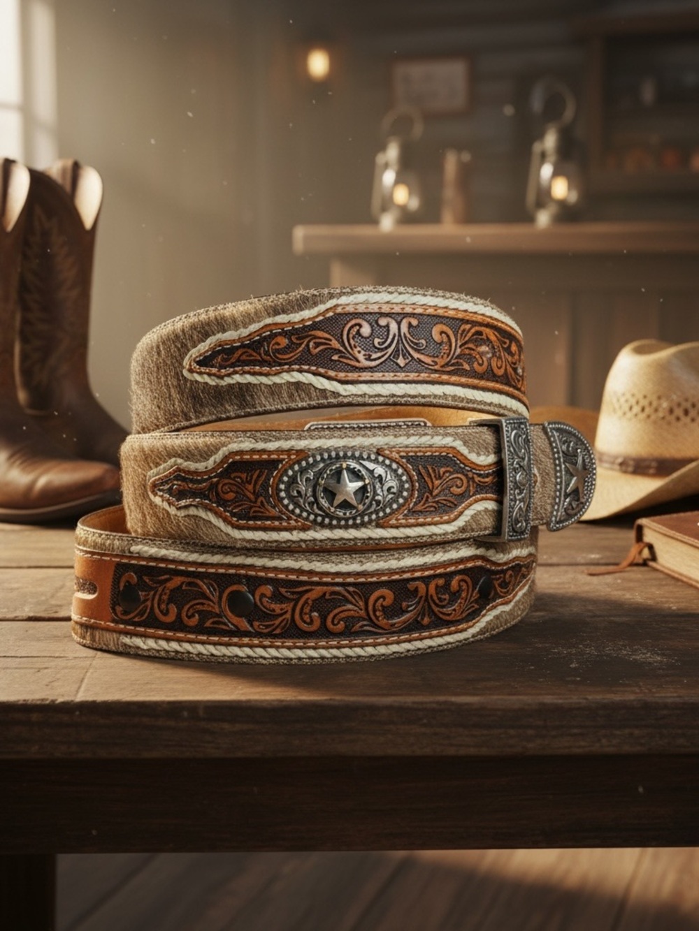 VintageTony Lama Western Calf Hair Brown Leather Belt w Silver Concho No Buckle